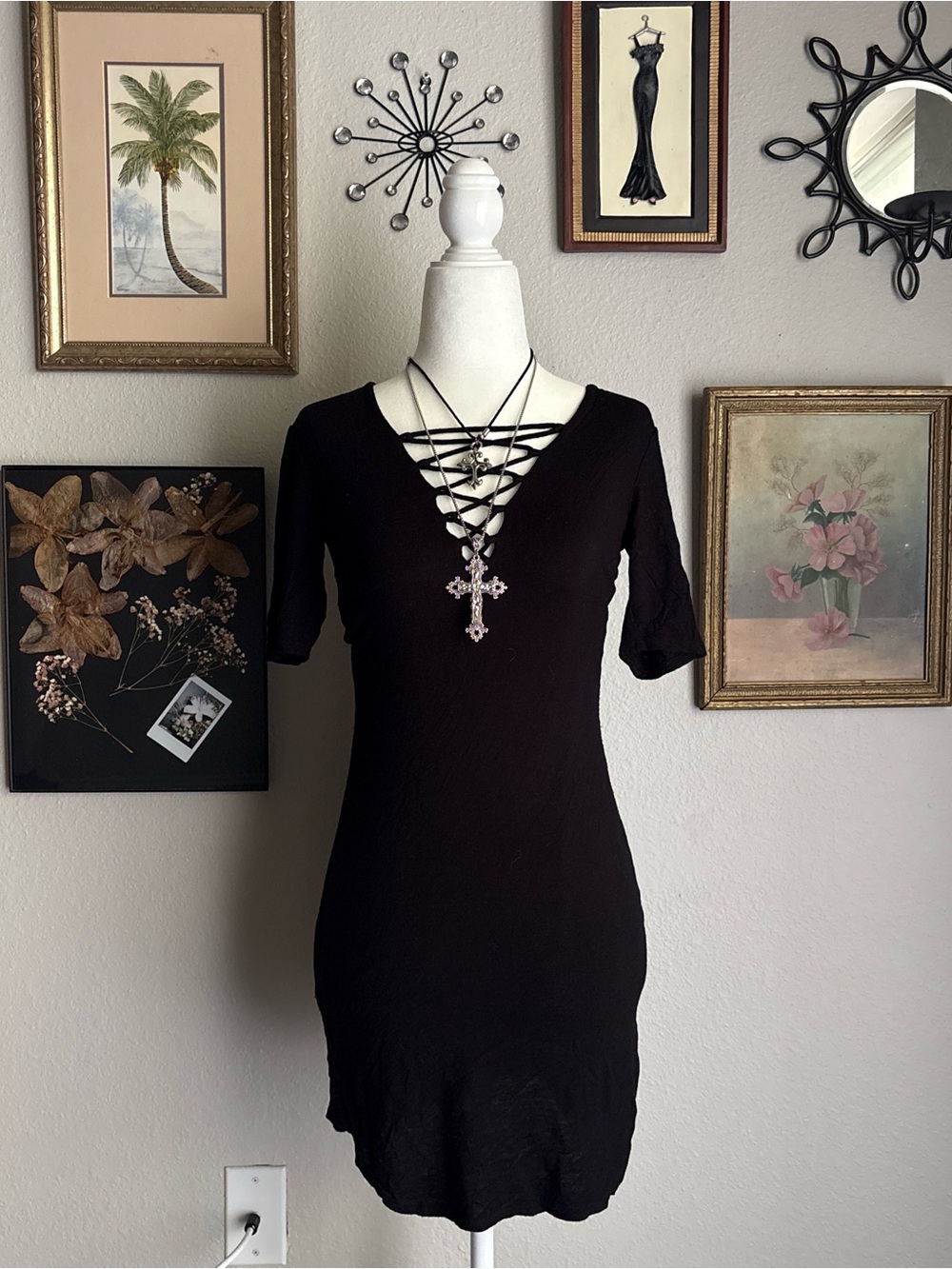 Polly & Esther Black Lace-Up V-Neck Mini Dress